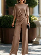 Leona Elegant Wide-Leg Two-Piece Set in Brown
