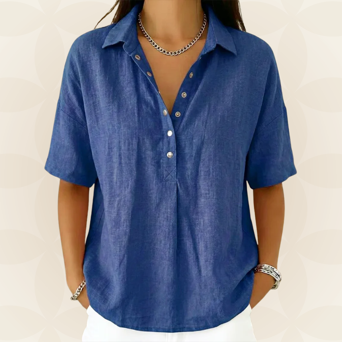 Model wearing a khaki V-neck shirt, styled casually with jeans for a comfortable everyday look.