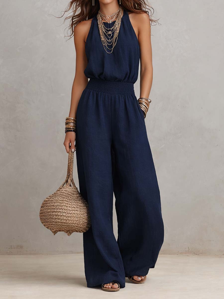 Kaia Effortless Halter Jumpsuit in Navy Blue
