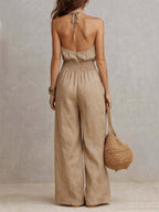 Kaia Effortless Halter Jumpsuit in Khaki, back view