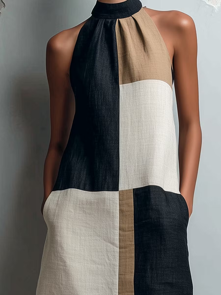 Close-up detail of the modern colorblock design on a lightweight woven halter dress in neutral tones.
