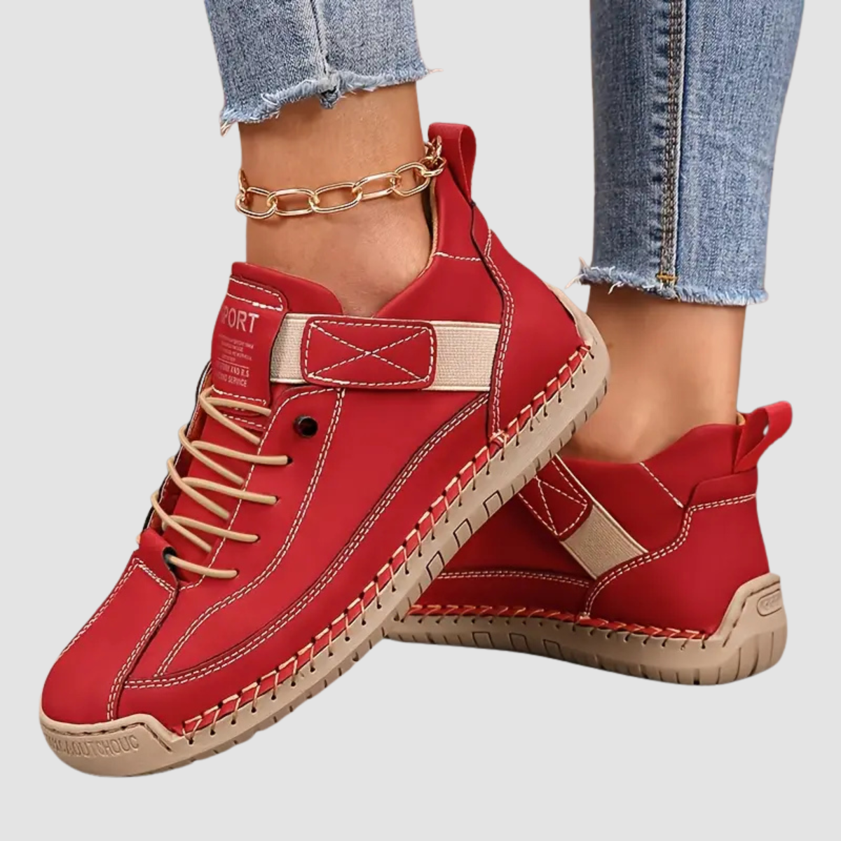 Model wearing pink sneakers with a casual outfit, styled for everyday wear and comfort.