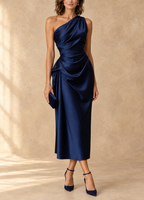 Amelia Elegant Ruched Midi Dress in Navy Blue