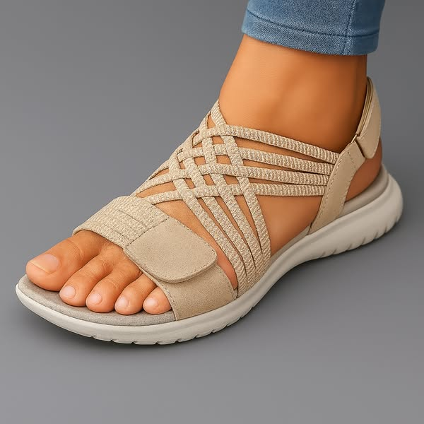 Overhead shot displaying all available colors of the comfortable walking sandals: black, blue, green, and beige.