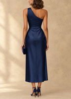 Amelia Elegant Ruched Midi Dress in Navy Blue, back view