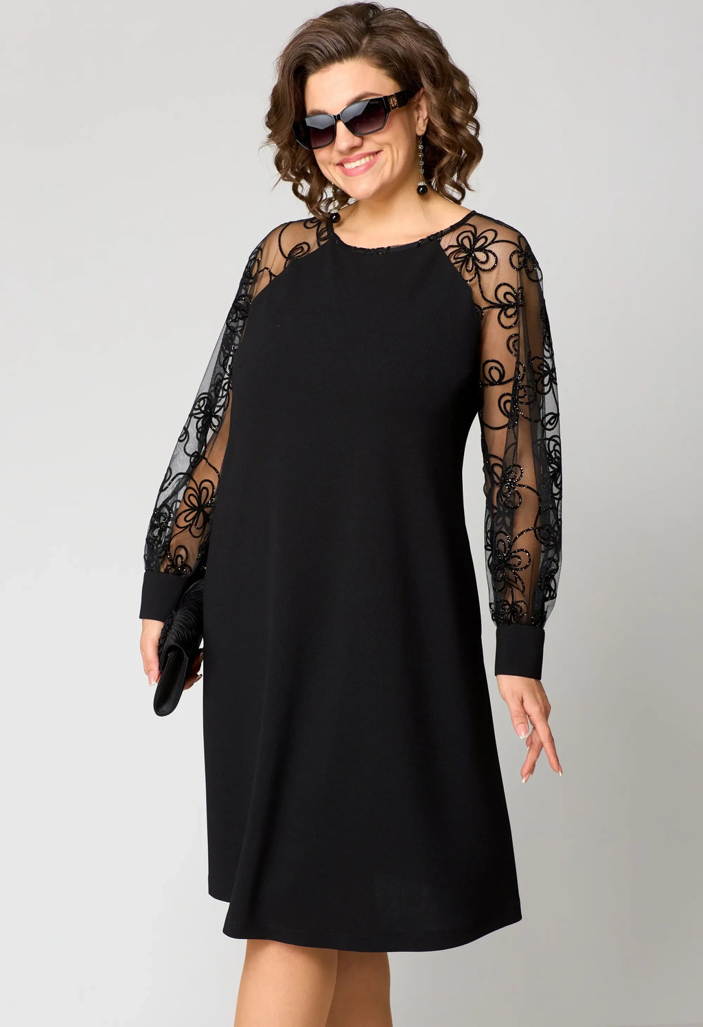 Cosima Lace Sleeve Dress in Black, front view