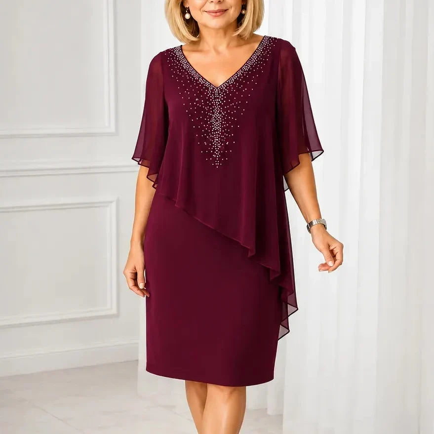 Solana Knee-Length Cape Overlay Dress in Burgundy