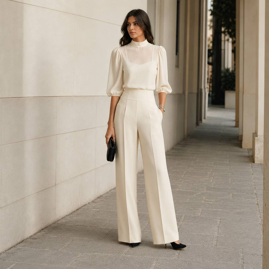 Detailed shot of the inner camisole included with the sheer sleeve blouse, demonstrating its comfortable layering.
