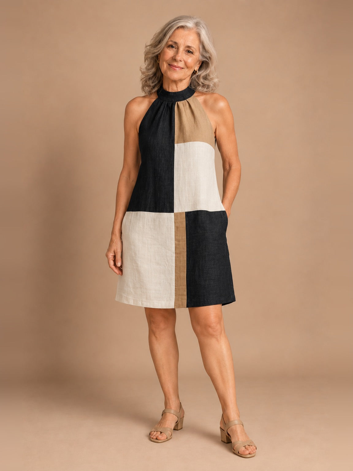 Junia Halter Dress in Black Taupe Cream