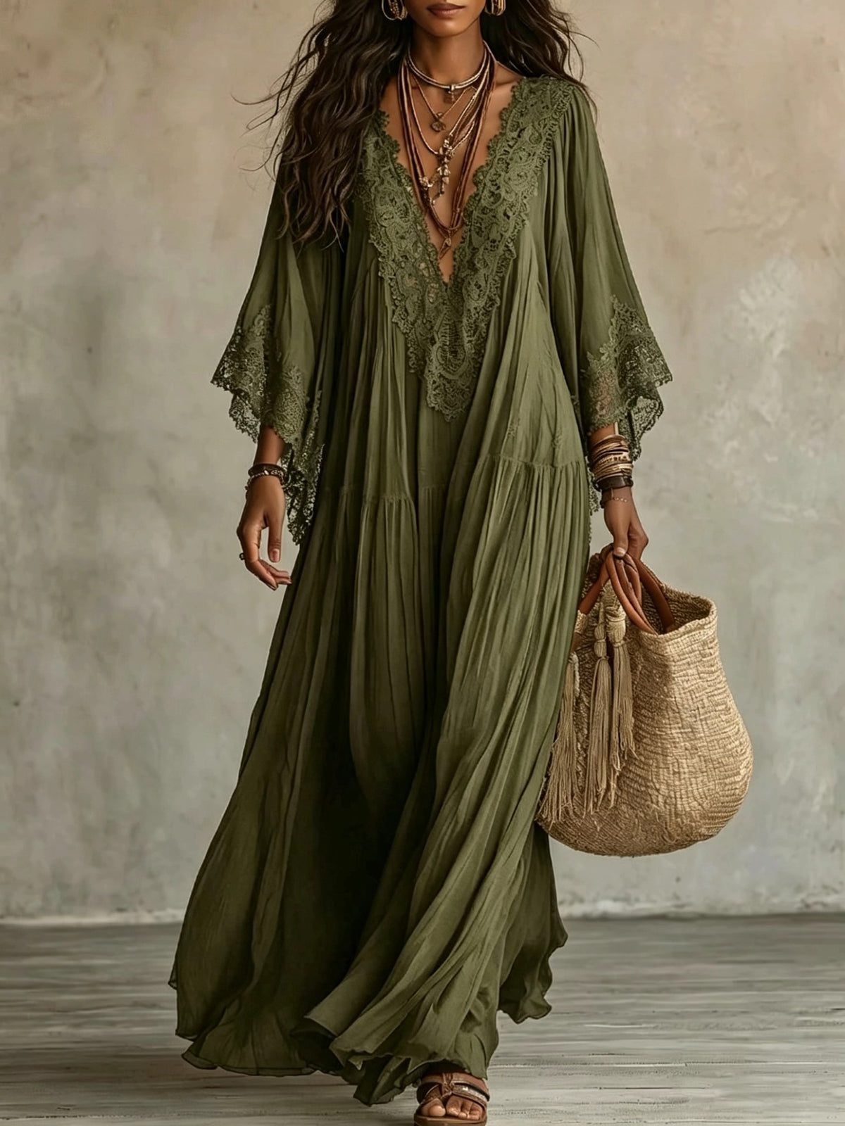 Elodie Flowy Lace Maxi Dress in Army Green