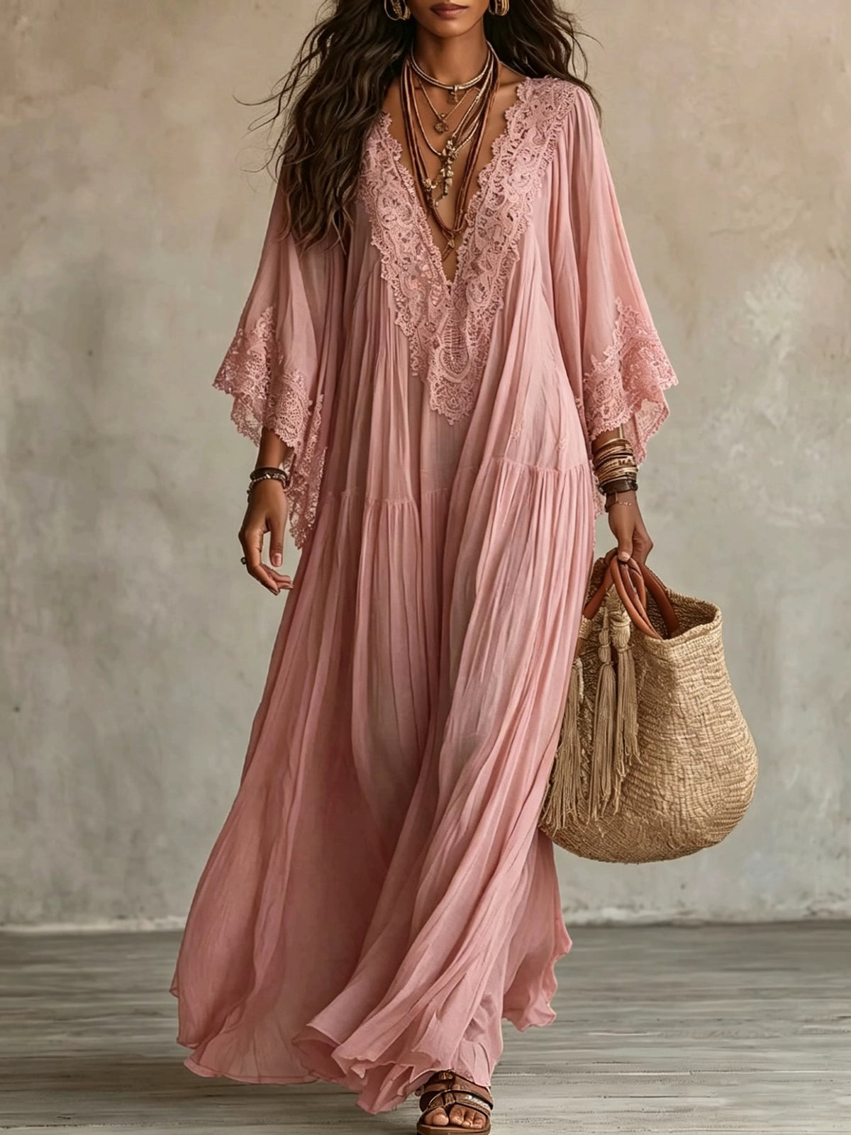 Elodie Flowy Lace Maxi Dress in Pink
