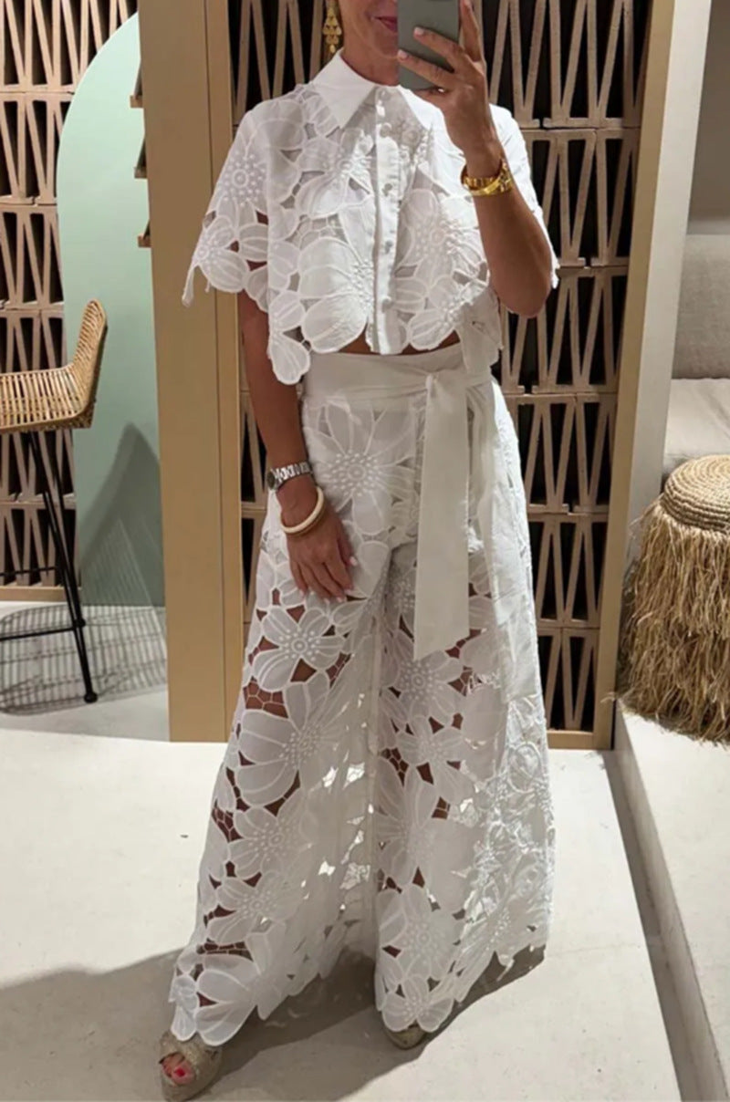 Aurelia perforated lace two-piece set - White