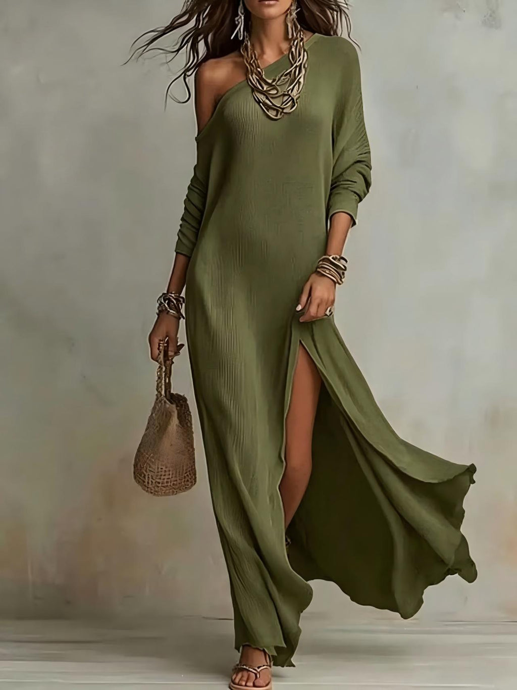 Zelda Elegant One-Shoulder Dress in Army Green