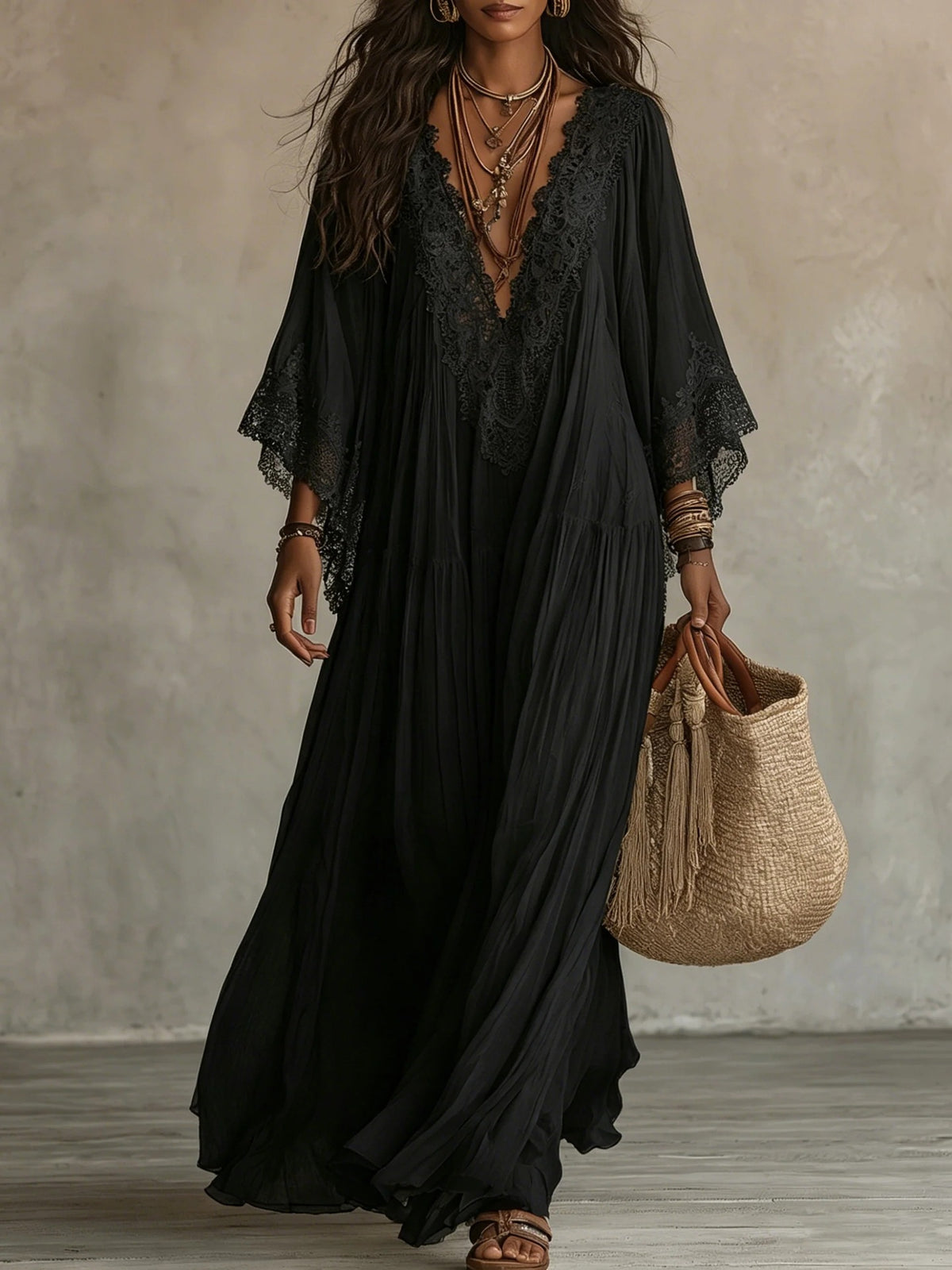 Elodie Flowy Lace Maxi Dress in Black