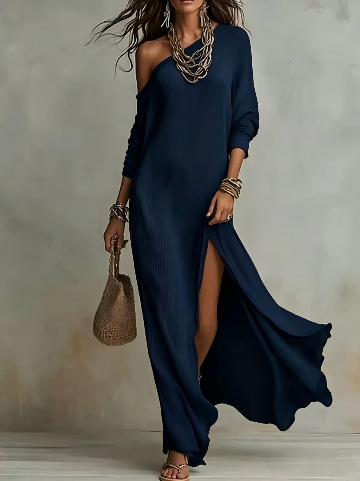 Zelda Elegant One-Shoulder Dress in Navy Blue