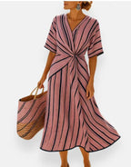 Estelle Graceful Draped Dress in Pink Stripe