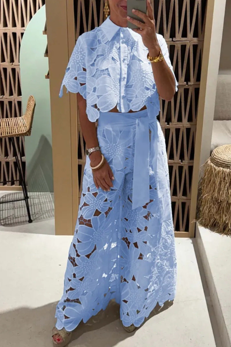 Aurelia perforated lace two-piece set - Light Blue