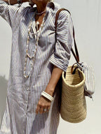 Amara Relaxed Shirt Dress in Khaki Stripe