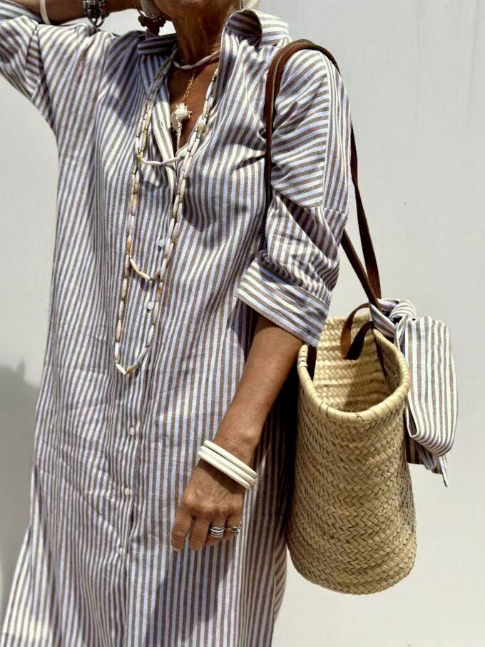 Amara Relaxed Shirt Dress in Khaki Stripe