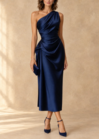 Amelia Elegant Ruched Midi Dress in Navy Blue, side view