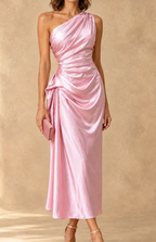Amelia Elegant Ruched Midi Dress in Pink