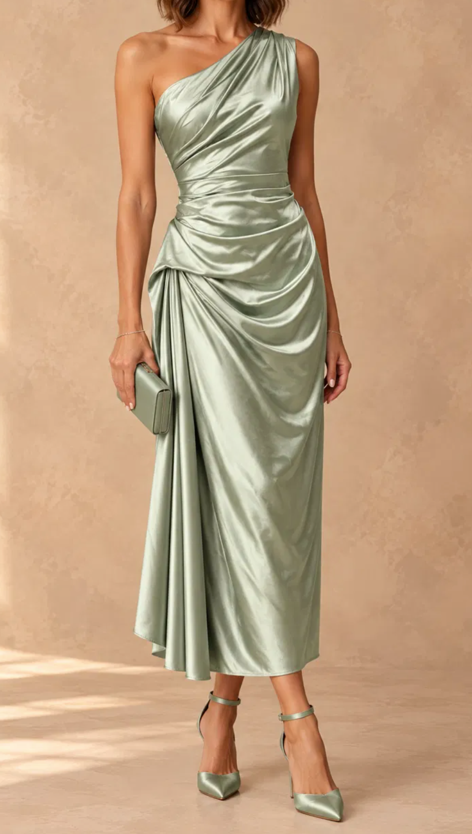 Amelia Elegant Ruched Midi Dress in Sage Green