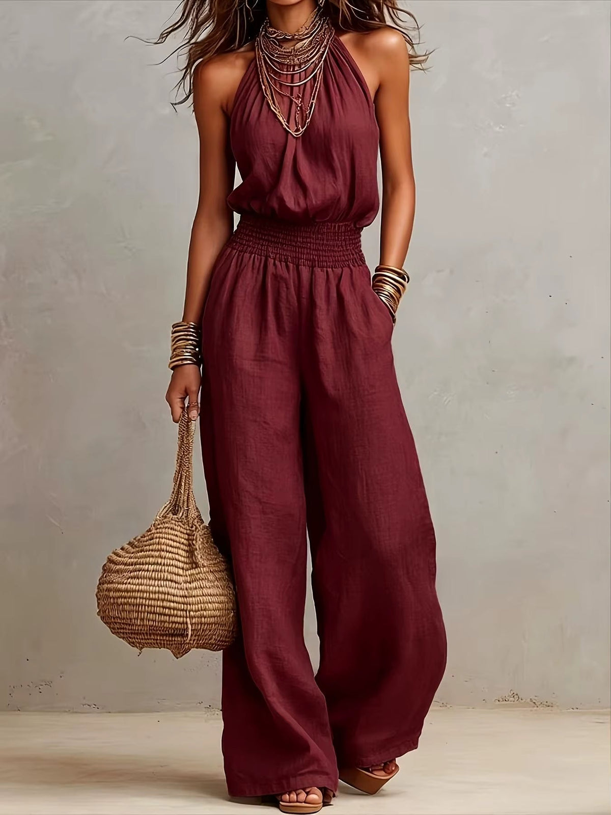 Kaia Effortless Halter Jumpsuit in Burgundy