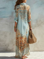 Fiona Flowy Chemisier Maxi Dress in Mediterranean Blue, back view