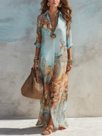 Fiona Flowy Chemisier Maxi Dress in Mediterranean Blue