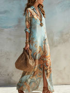 Fiona Flowy Chemisier Maxi Dress in Mediterranean Blue, walking