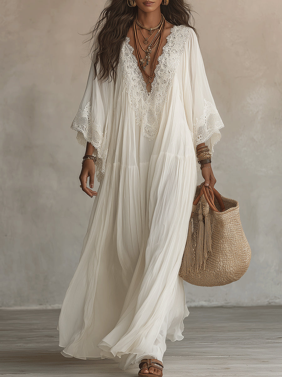 Elodie Flowy Lace Maxi Dress in White