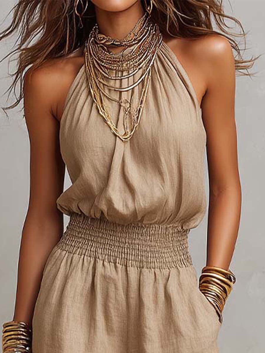 Kaia Effortless Halter Jumpsuit in Khaki, close-up