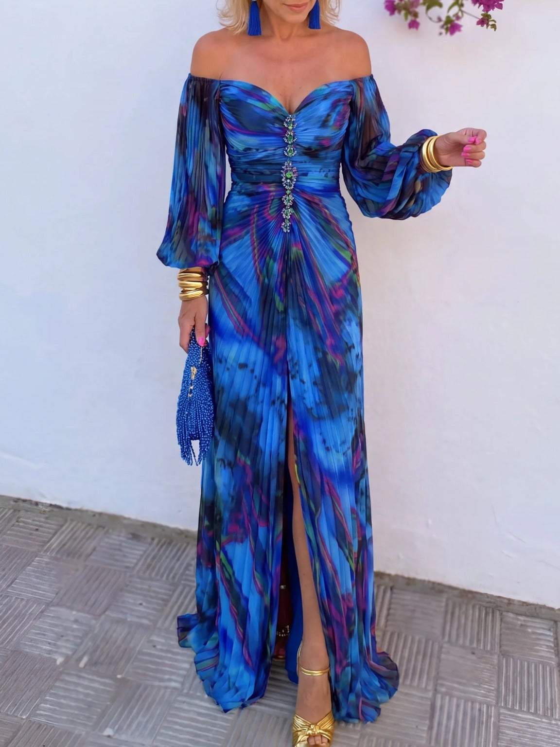 Aella Off-Shoulder Pleated Maxi Dress in Blue