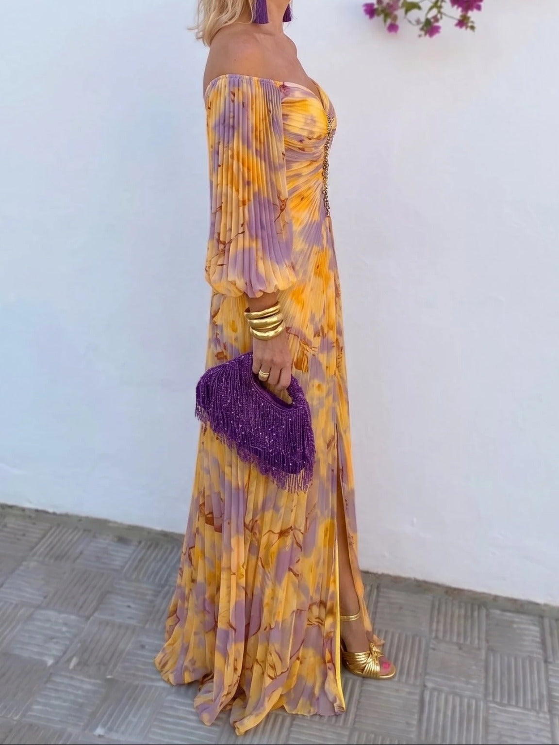Aella Off-Shoulder Pleated Maxi Dress in Yellow, side view