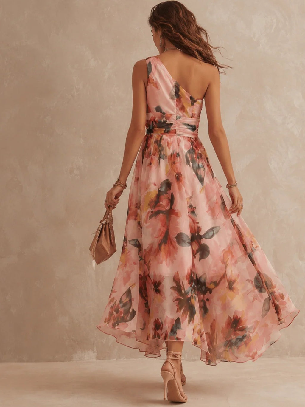 Calla Flowy Asymmetric Floral Dress in Pink, back view