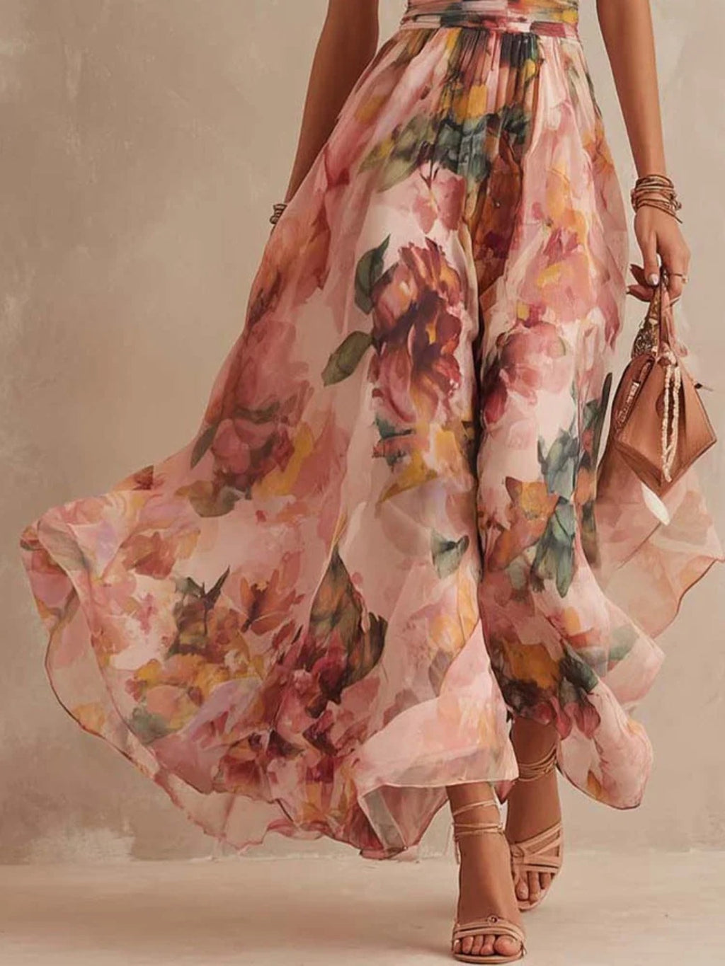 Calla Flowy Asymmetric Floral Dress in Pink, skirt detail
