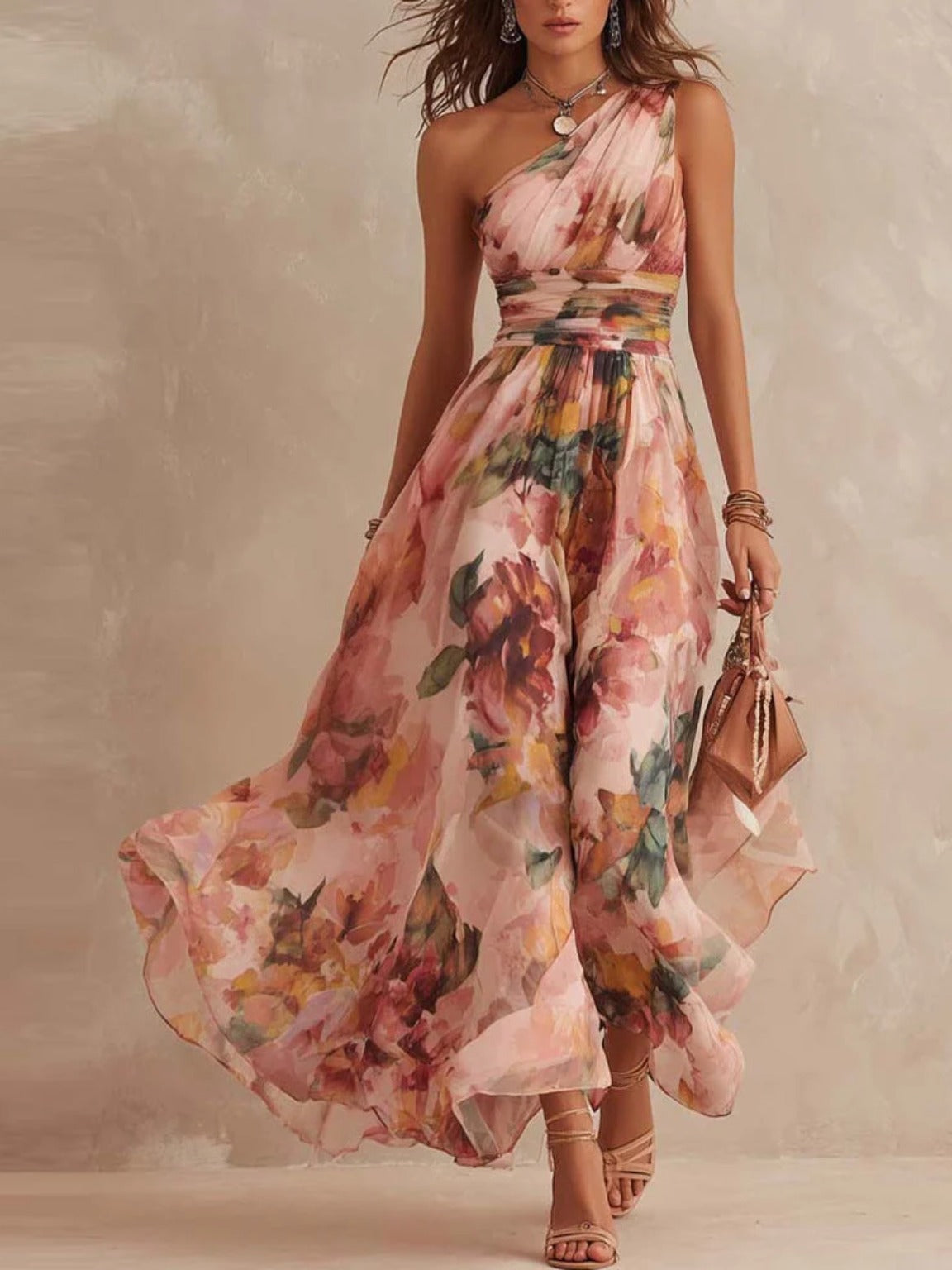 Calla Flowy Asymmetric Floral Dress in Pink