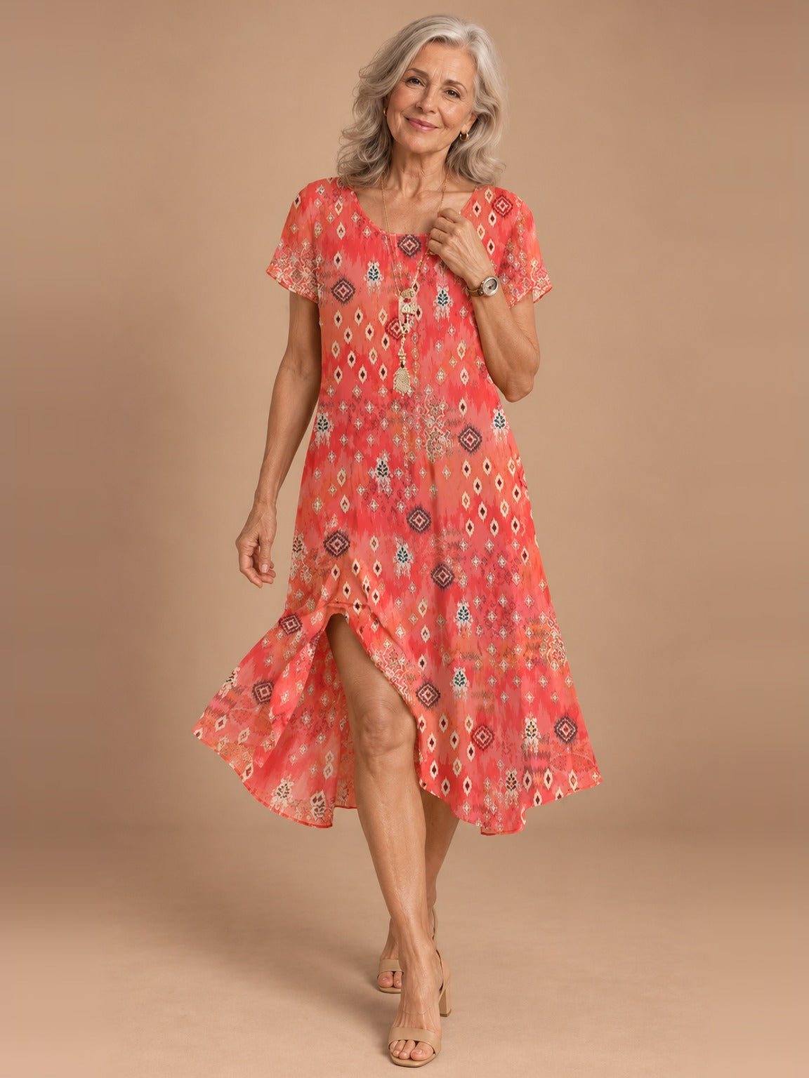 Nora Flowy Midi Dress in Coral Ikat