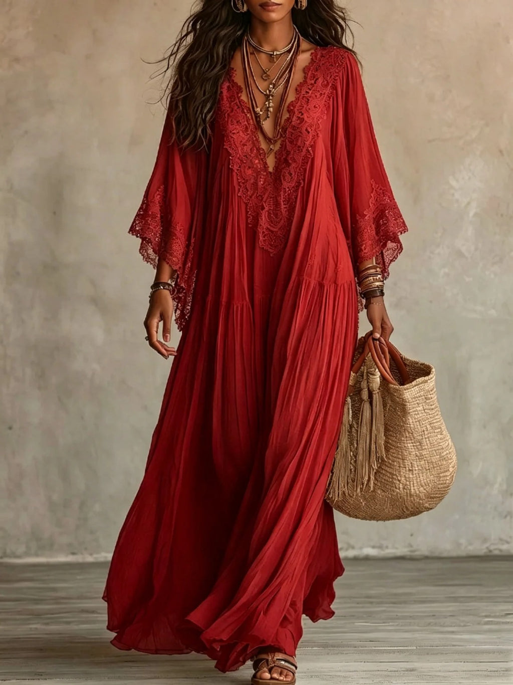 Elodie Flowy Lace Maxi Dress in Red