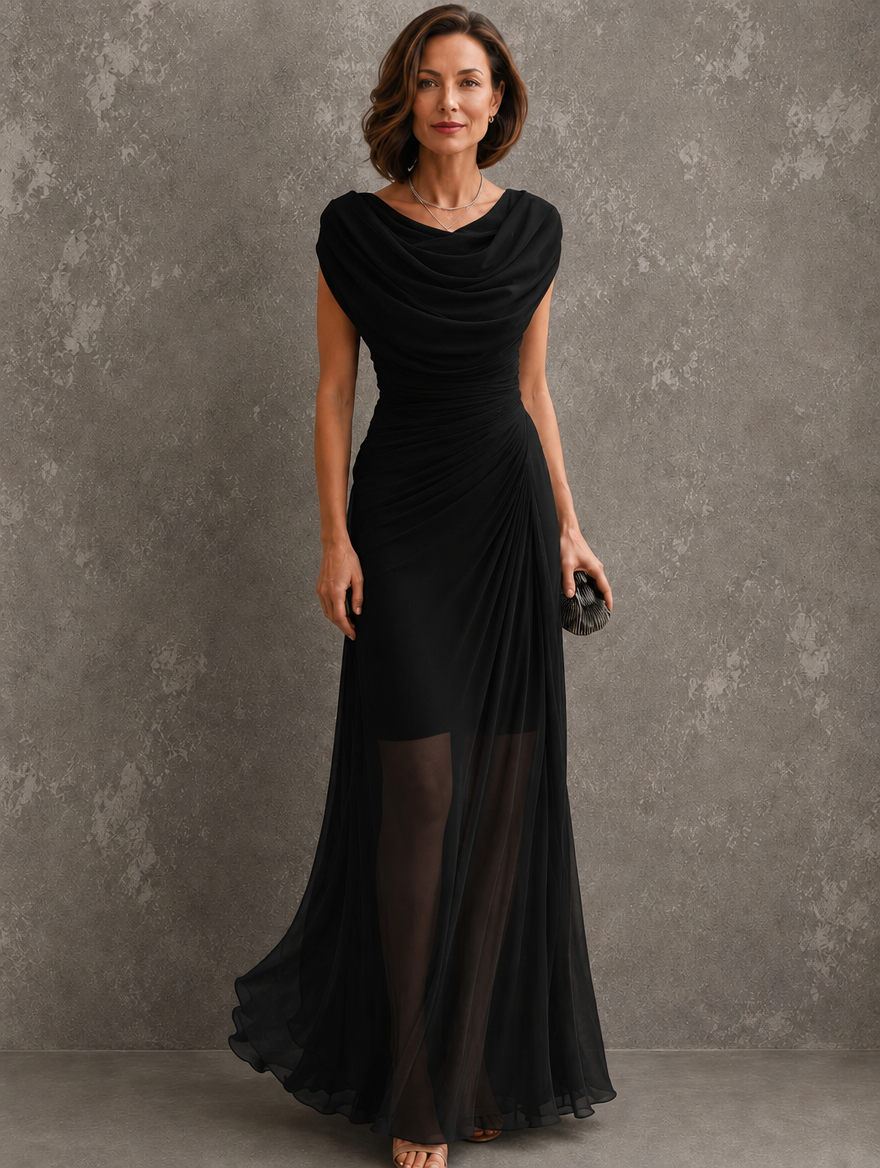 Side profile of the elegant light blue maxi dress, illustrating the effortless movement and comfortable design.