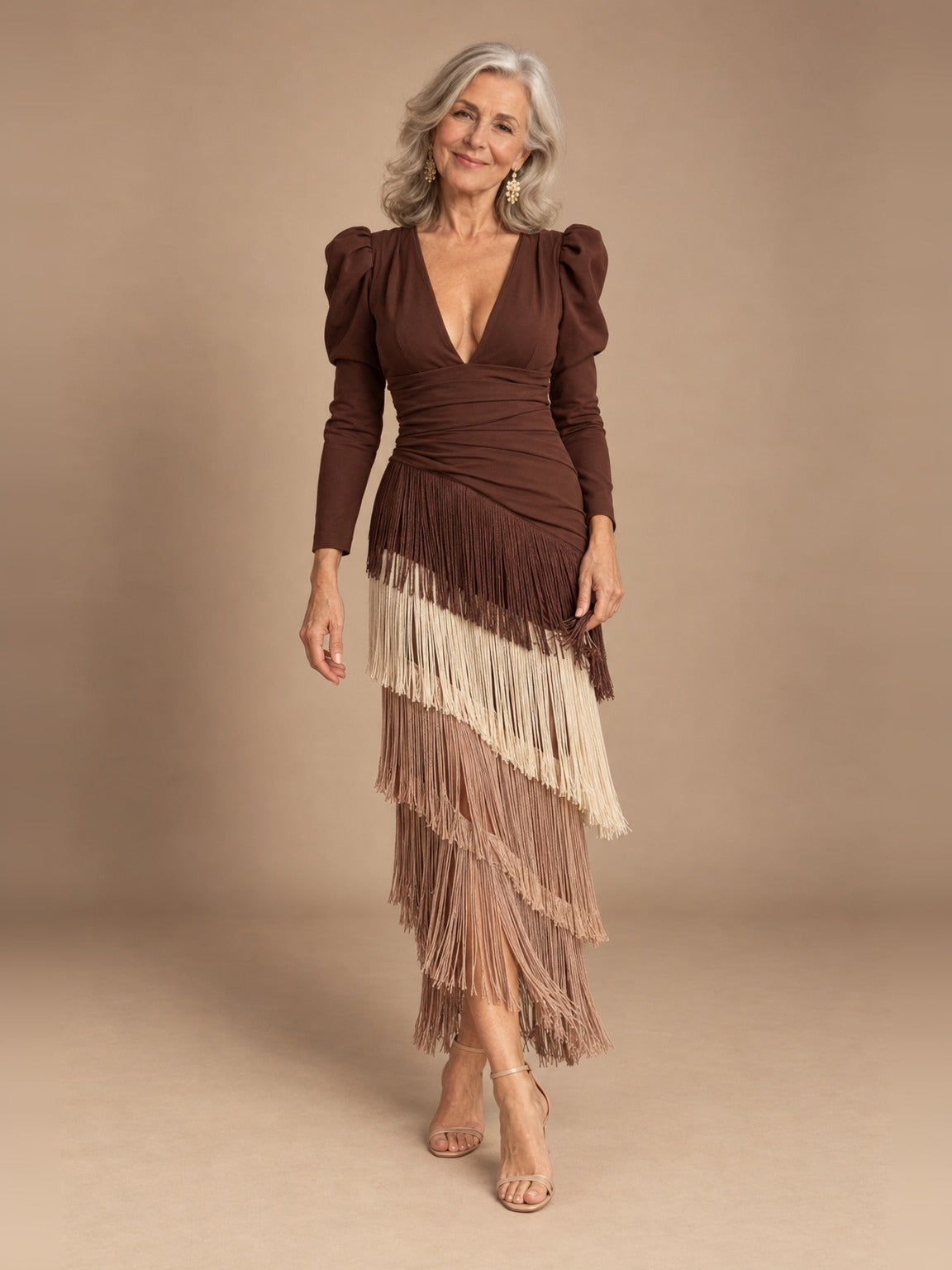 Woman wearing the brown Odette Effortless Layered Fringe Dress