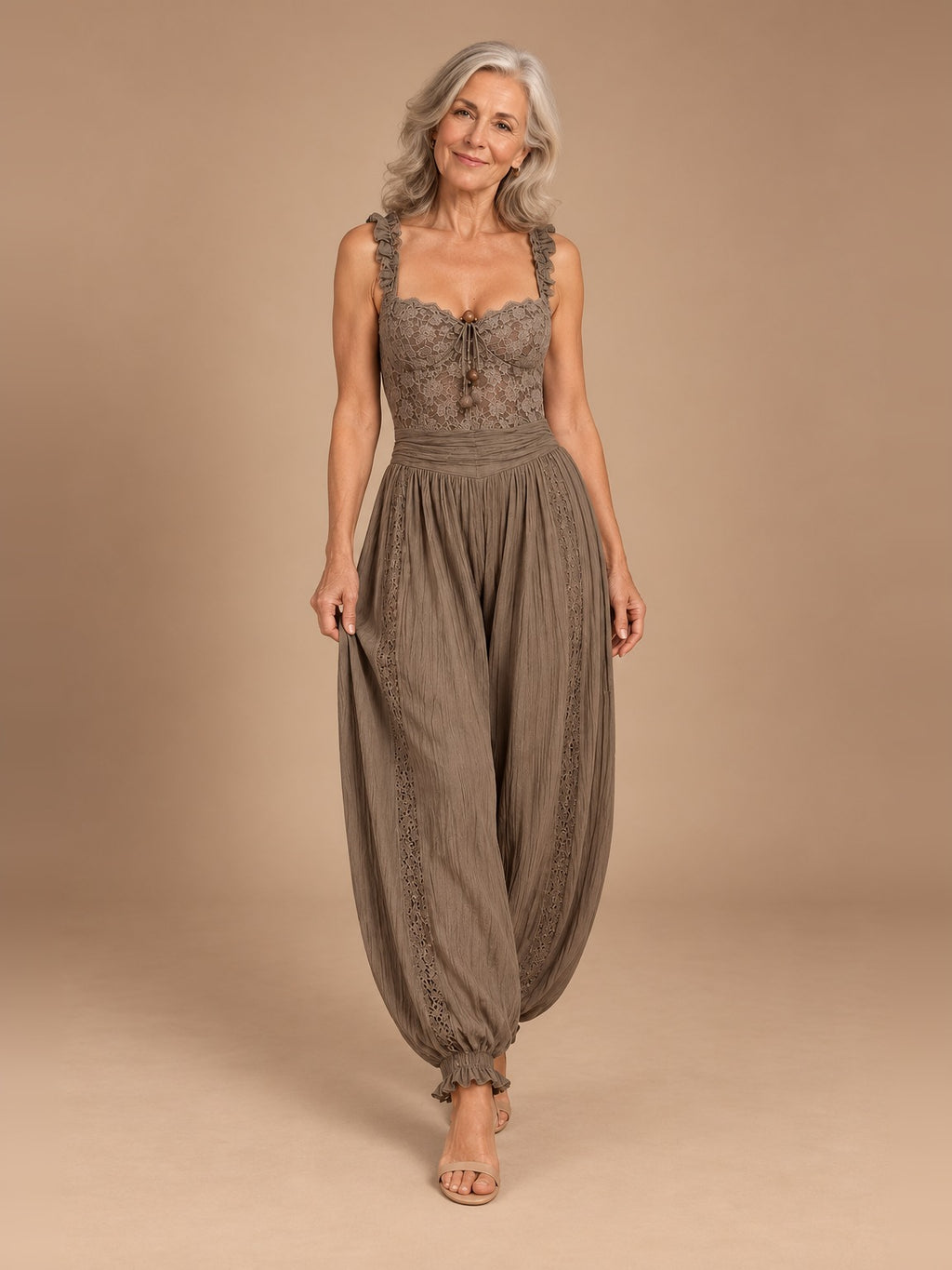 Woman wearing the Paloma Elegant Harem Trousers set