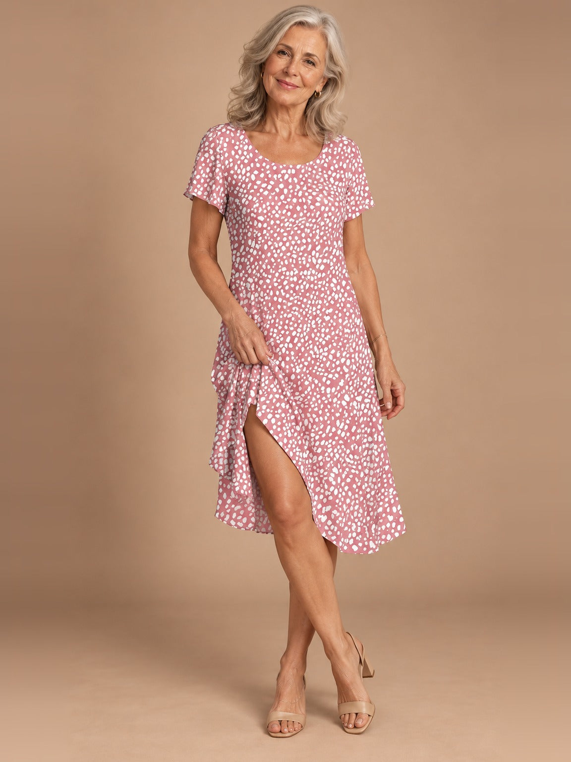 Nora Flowy Midi Dress in Pink Dots