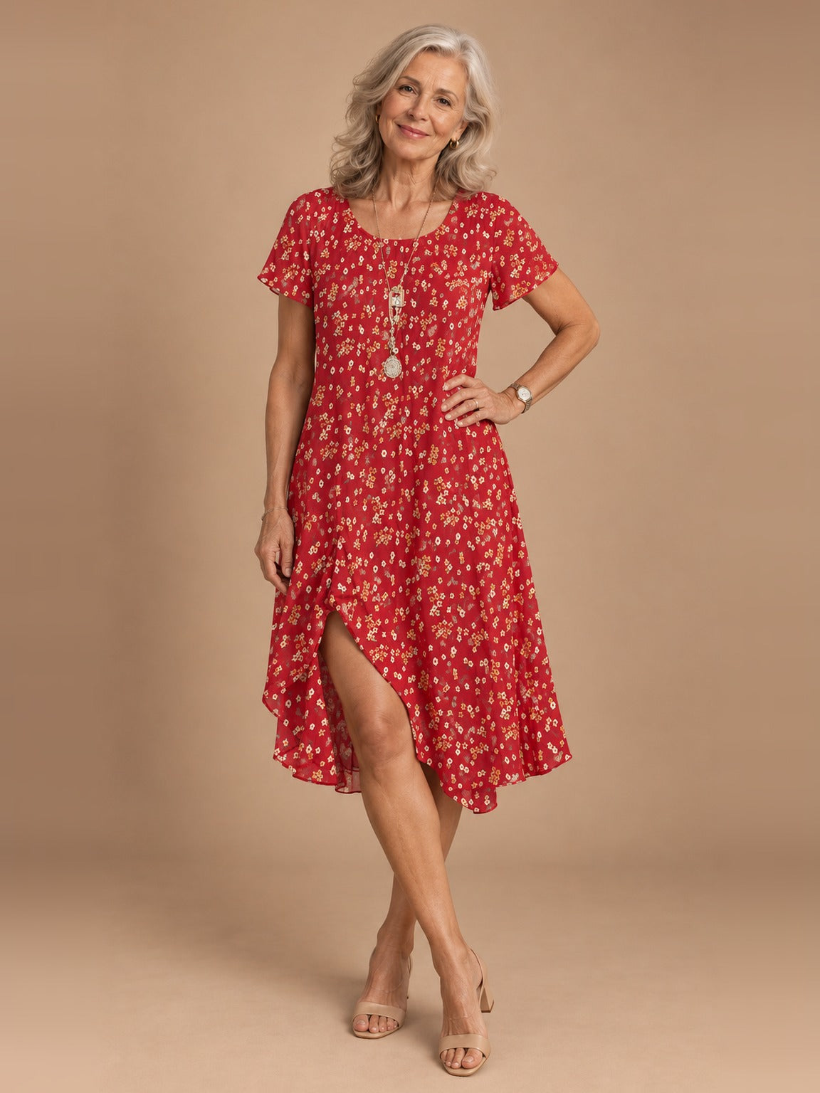 Nora Flowy Midi Dress in Red Floral