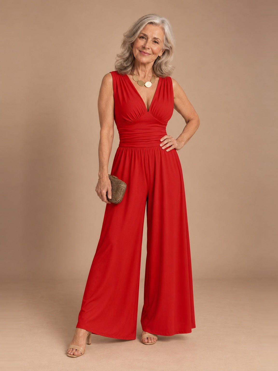 Woman wearing the red Sienna Chic Party Jumpsuit