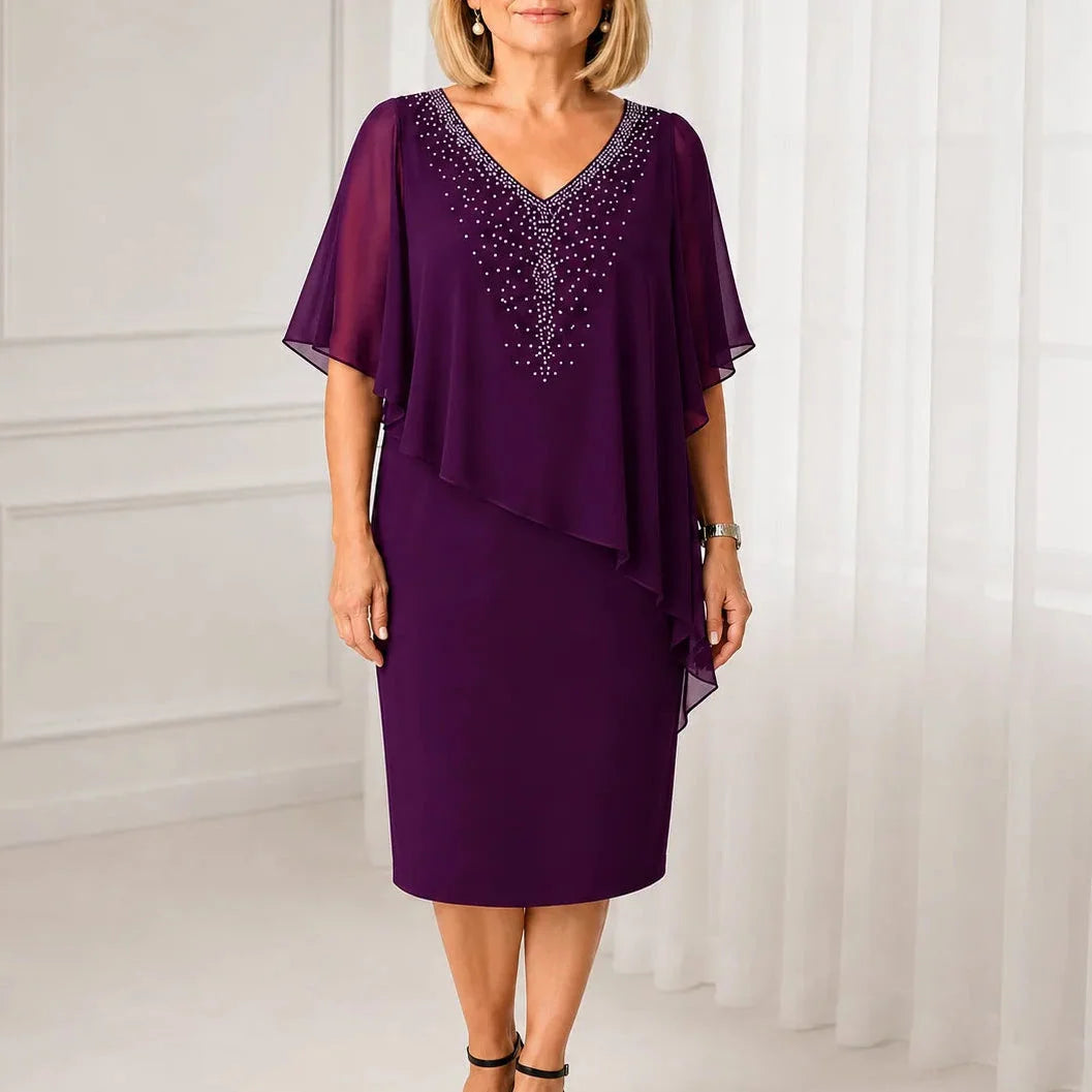 Solana Knee-Length Cape Overlay Dress in Purple