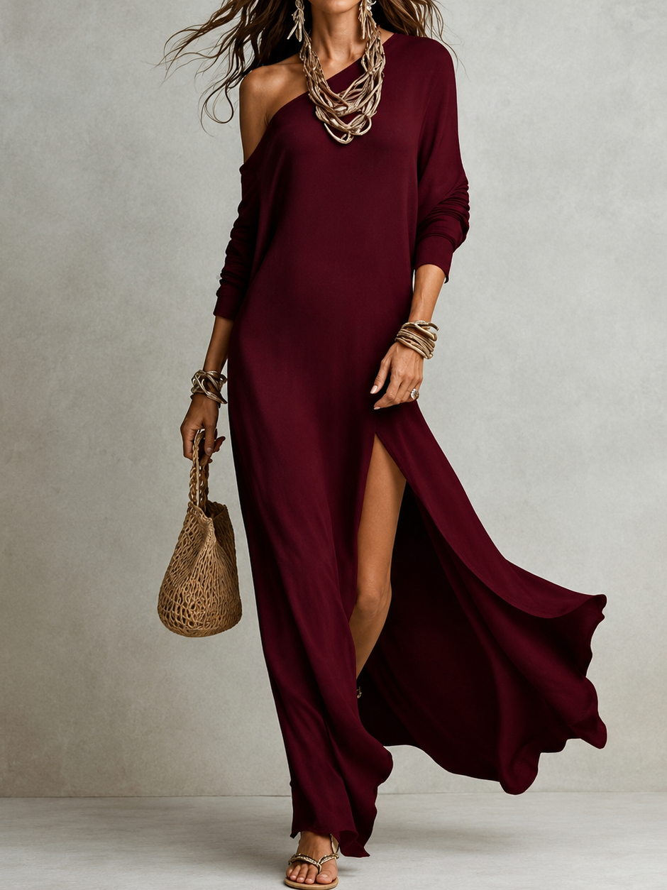 Zelda Elegant One-Shoulder Dress in Wine Red